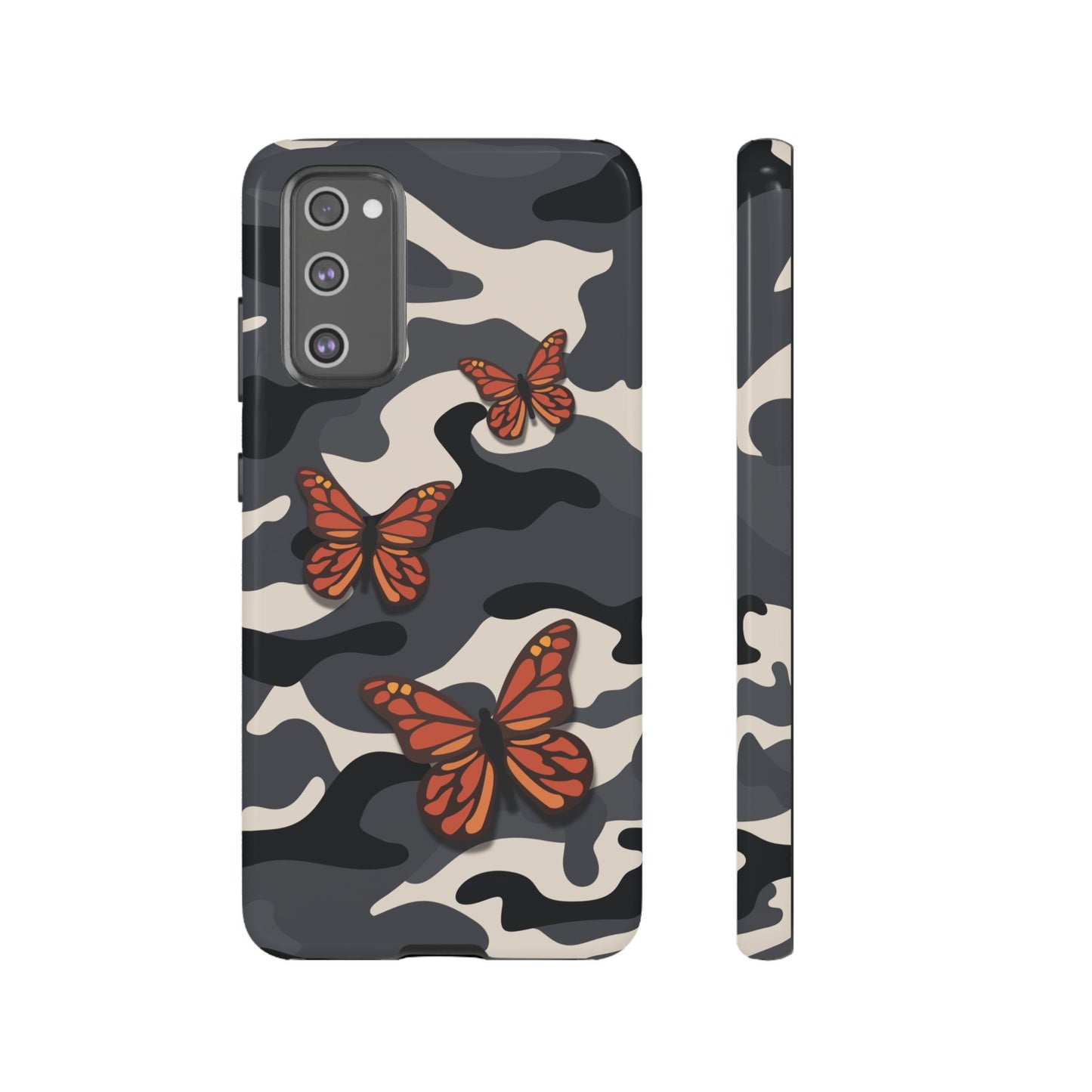 Samsung Galaxy S20 FE / Glossy Phone Case - Black & Orange Butterfly Camo Phone Case