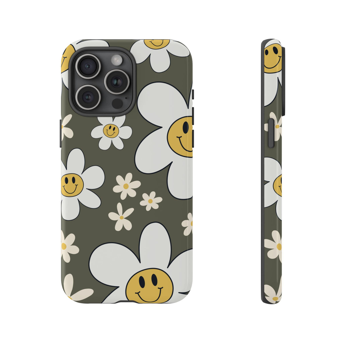 Fun Retro Daisy Pattern with Olive Green Background Phone Case - Green Phone Case - iPhone 15 Pro Max / Glossy