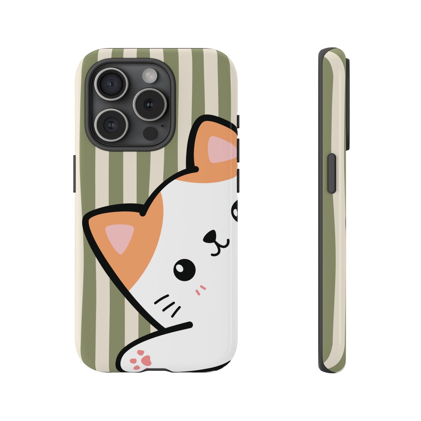 iPhone 15 Pro / Glossy Phone Case - Peakaboo Cat with Green Stripe Pattern Phone Case