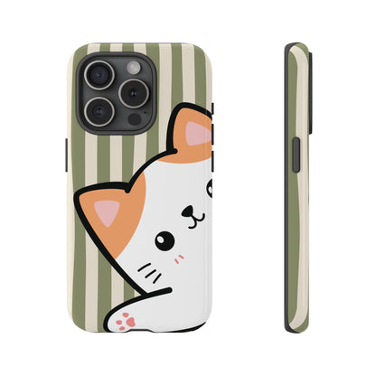 iPhone 15 Pro / Glossy Phone Case - Peakaboo Cat with Green Stripe Pattern Phone Case
