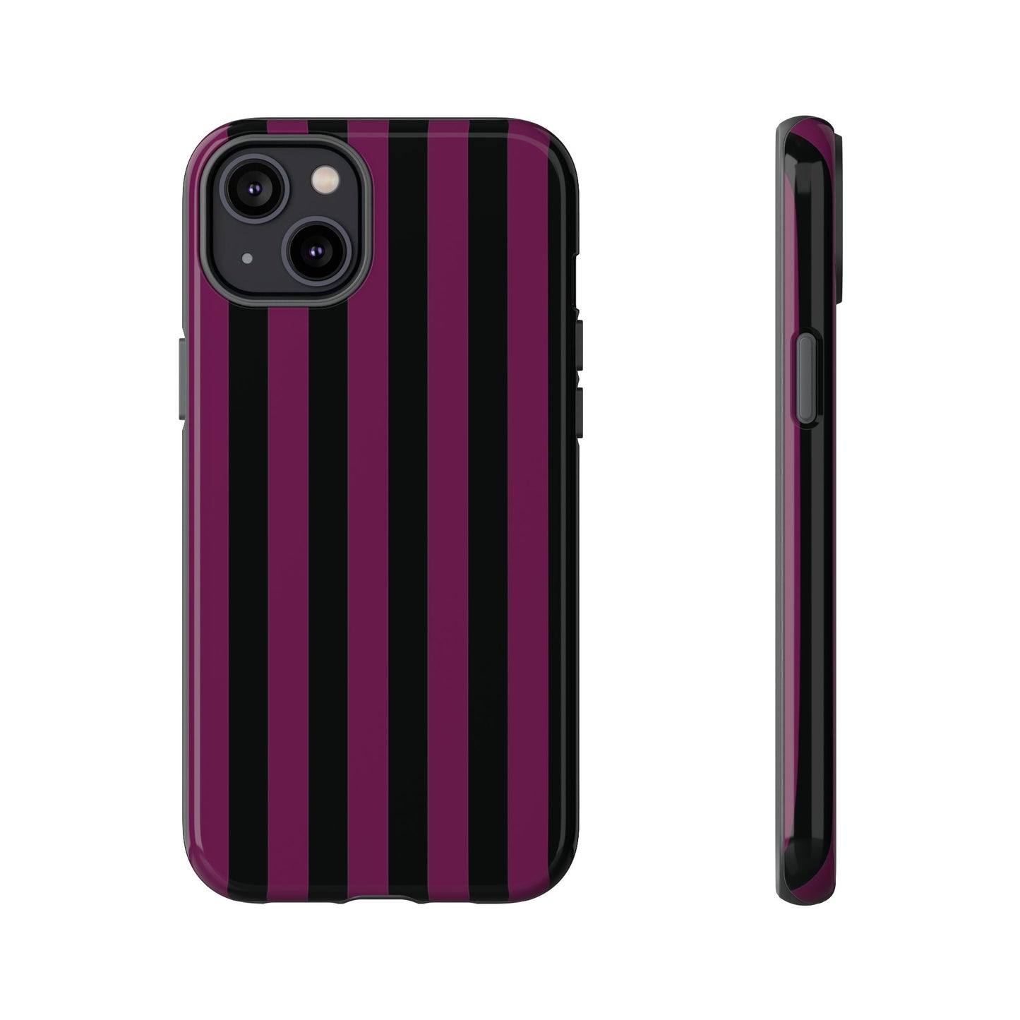 iPhone 14 Plus / Glossy Phone Case - Trendy Plum & Black Stripe Pattern Phone Case