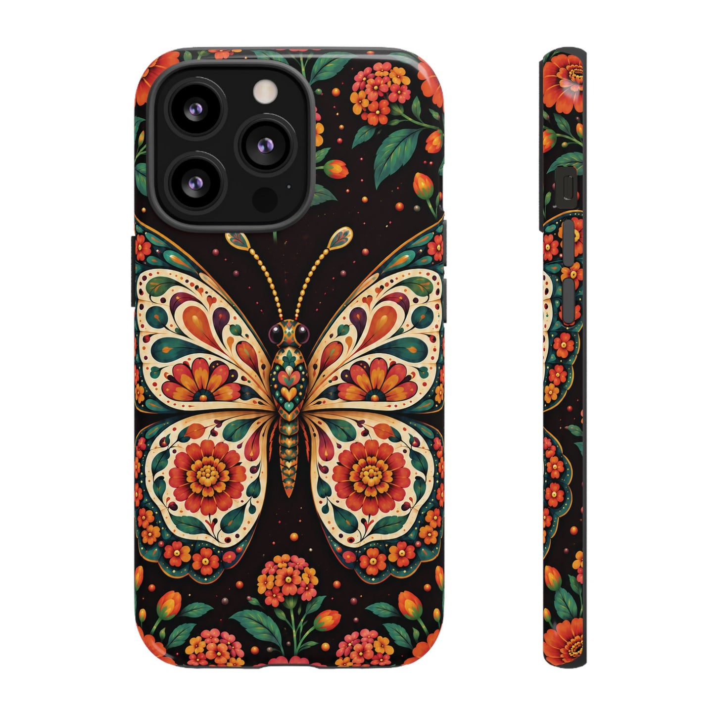 Vibrant Terracotta and Teal Calavera Butterfly Phone Case - Multicolor Phone Case - iPhone 13 Pro / Glossy
