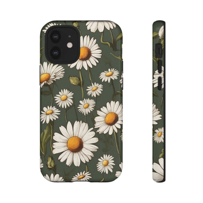 iPhone 12 Mini / Glossy Phone Case - Boho Chic Daisies Floral Pattern ’White & Green’ Phone Case