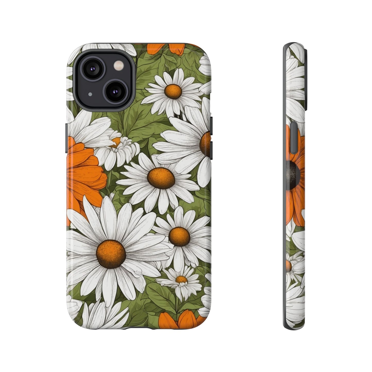 iPhone 14 Plus / Glossy Phone Case - Boho Chic Daisies Floral Pattern ’White Orange & Green’ Phone Case