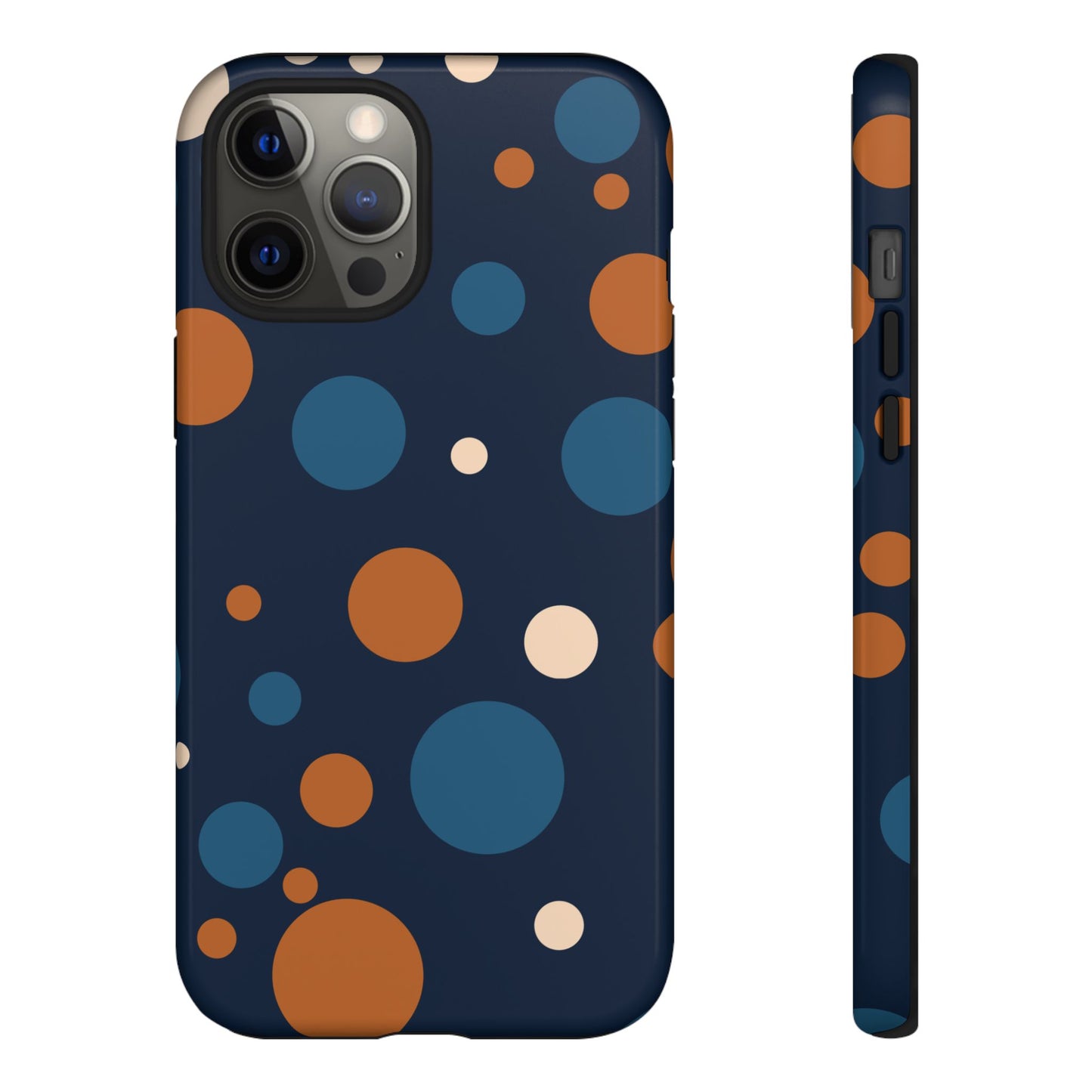 iPhone 12 Pro Max / Glossy Phone Case - ’Bold Navy Blue & Orange / White Dot Pattern’ Phone Case