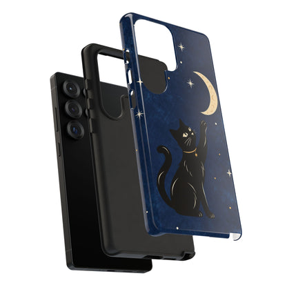 Whimsical Navy Blue Celestial Black Cat Phone Case