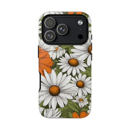 iPhone 17 Pro / Glossy Phone Case - Boho Chic Daisies Floral Pattern ’White Orange & Green’ Phone Case