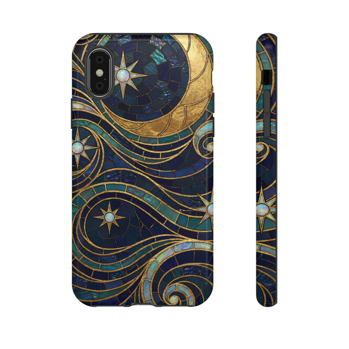 Elegant Navy & Gold Crescent Moon Mosaic Phone Case