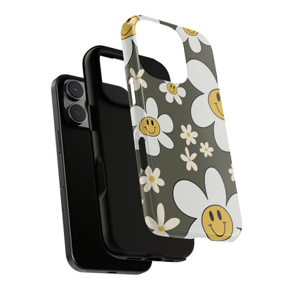 Fun Retro Daisy Pattern with Olive Green Background Phone Case - Green Phone Case
