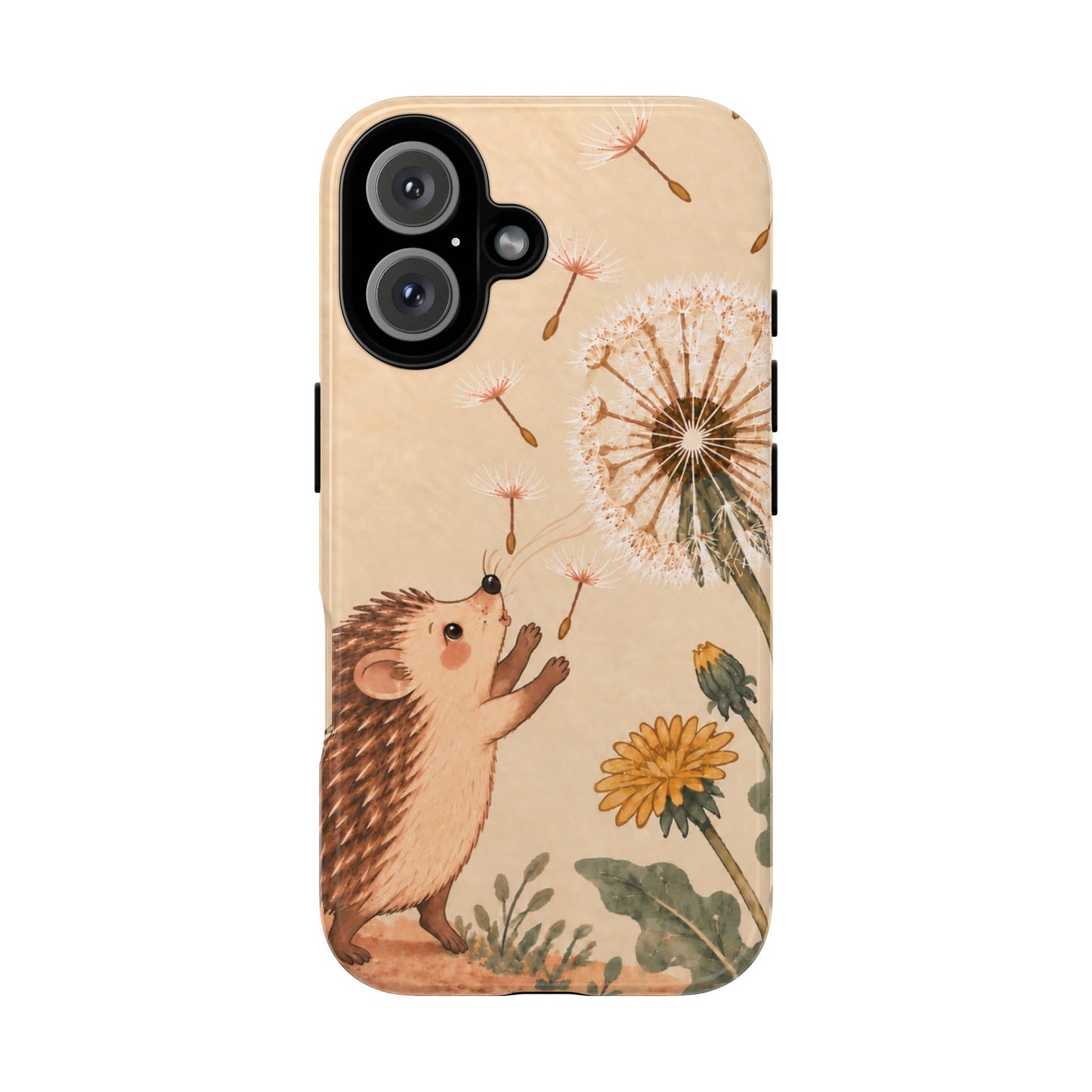 Whimsical Cream Hedgehog and Dandelion Phone Case - White Phone Case - iPhone 16 / Glossy