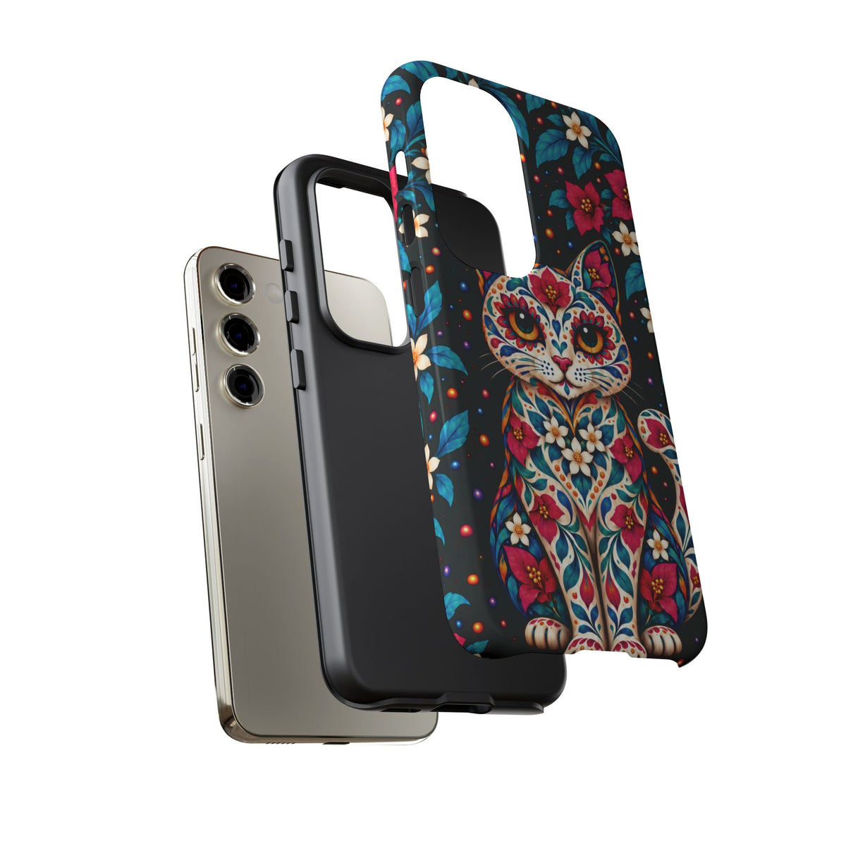 Vibrant Pink and Turquoise Calavera Cat Phone Case - Multicolor Phone Case