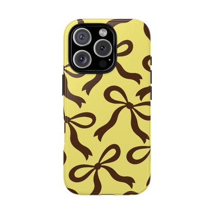 Bold Butter Yellow and Chocolate Brown Bow Pattern Phone Case - Yellow Phone Case - iPhone 16 Pro / Glossy