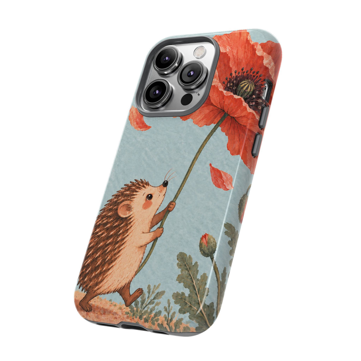 Whimsical Pale Blue Hedgehog and Poppy Phone Case - Blue Phone Case