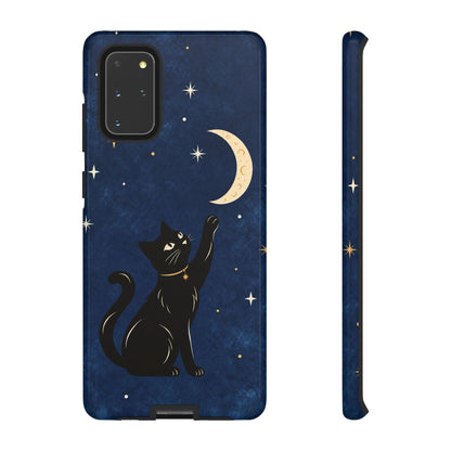 Whimsical Navy Blue Celestial Black Cat Phone Case