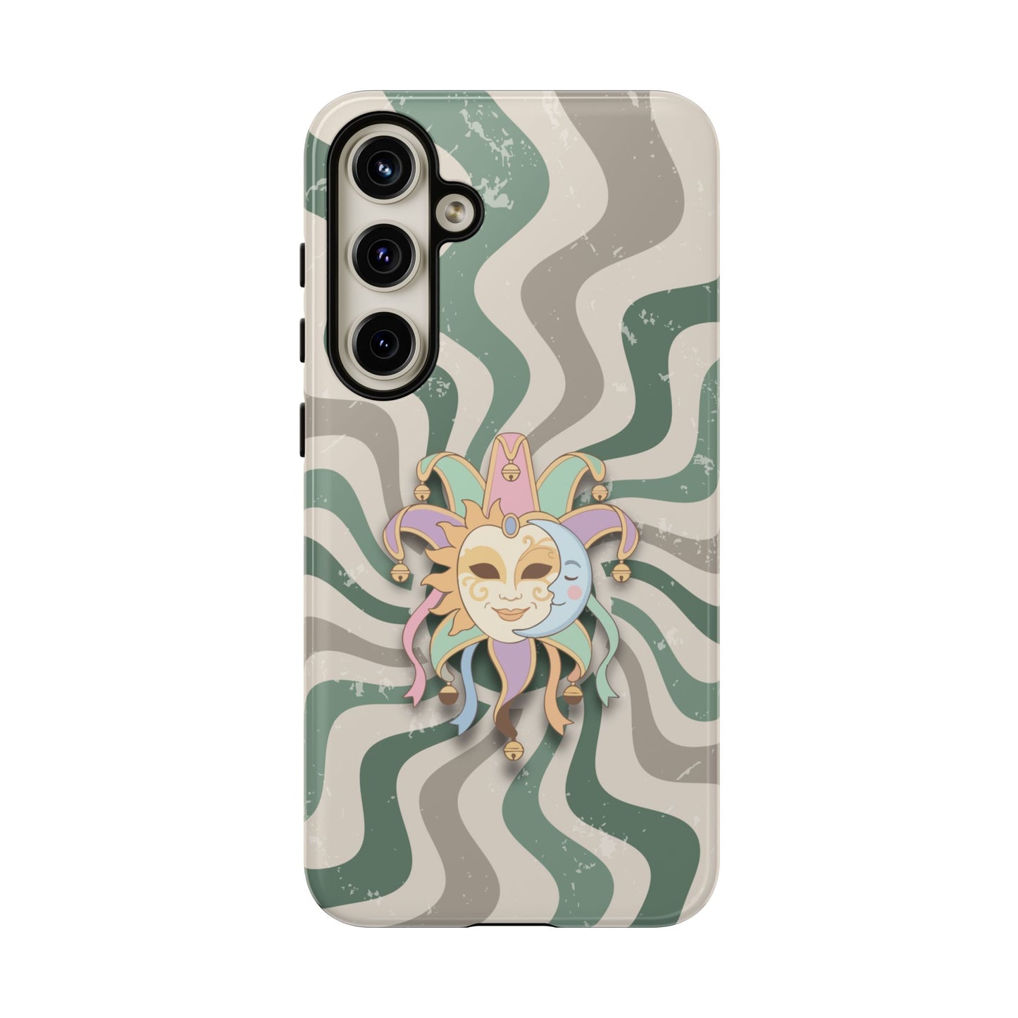 Samsung Galaxy S24 Plus / Glossy Phone Case - Sun & Moon Jester Mask – Green Retro Wave Phone Case
