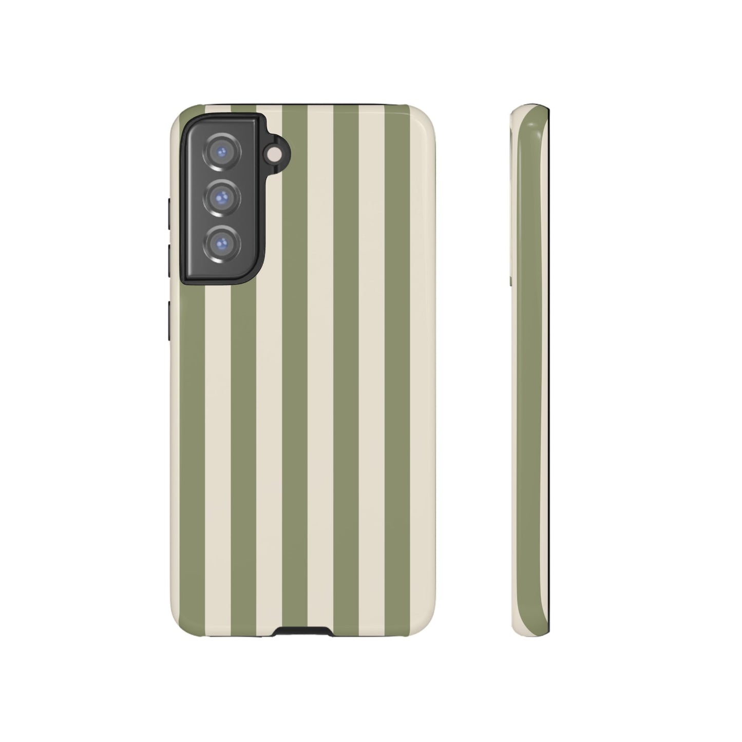 Samsung Galaxy S21 FE / Glossy Phone Case - ’Olive & Beige Stripe Pattern’ Phone Case