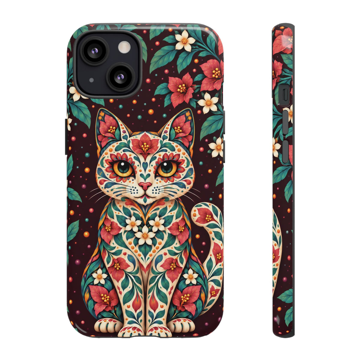 Vibrant Terracotta and Teal Calavera Cat Phone Case - Multicolor Phone Case - iPhone 13 / Glossy