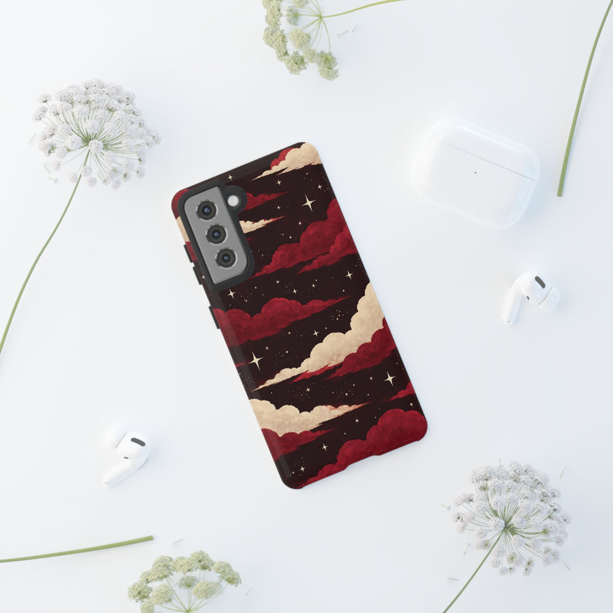 Illustrated Crimson Red Clouds & Stars Phone Case