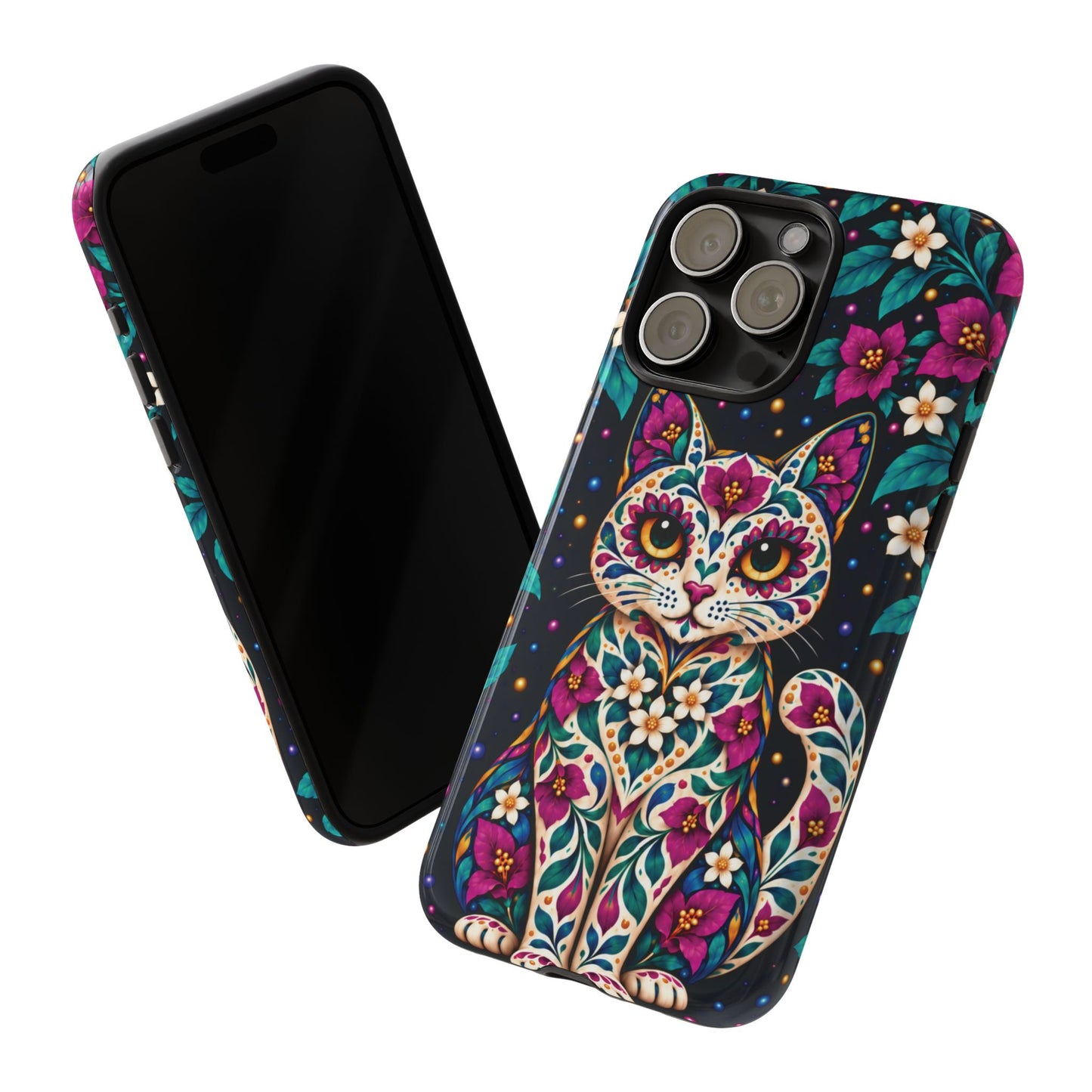 Vibrant Purple and Teal Calavera Cat Phone Case - Multicolor Phone Case