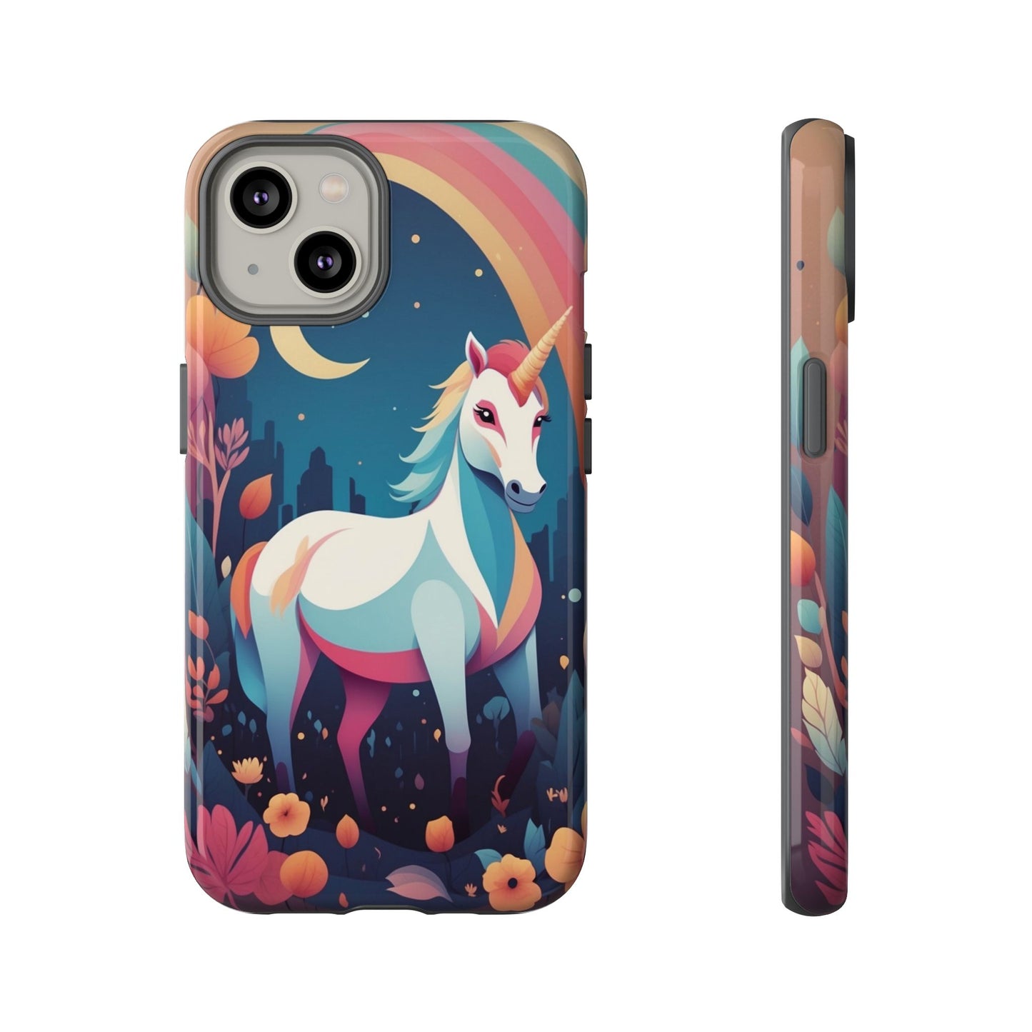 iPhone 14 / Glossy Phone Case - Stylised Unicorn & Rainbow Design Phone Case