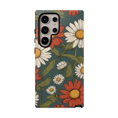Samsung Galaxy S24 Ultra / Glossy Phone Case - Boho Chic Daisies Floral Pattern ’White & Red’ Phone Case