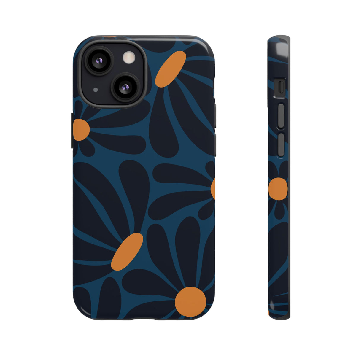 Dark Blue & Orange Daisy Pattern Phone Case - Blue Phone Case - iPhone 13 Mini / Glossy
