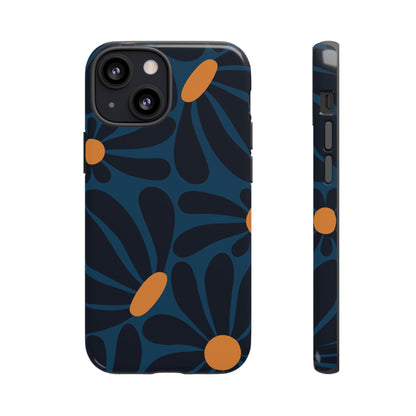 Dark Blue & Orange Daisy Pattern Phone Case - Blue Phone Case - iPhone 13 Mini / Glossy