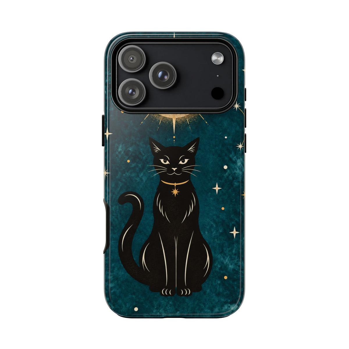 Whimsical Teal Celestial Black Cat Phone Case