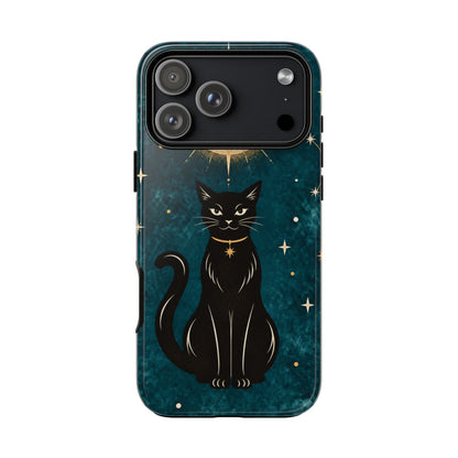 Whimsical Teal Celestial Black Cat Phone Case