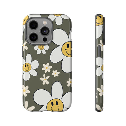 iPhone 14 Pro / Glossy Phone Case - Fun Retro Daisy Pattern with Olive Green Background Phone Case