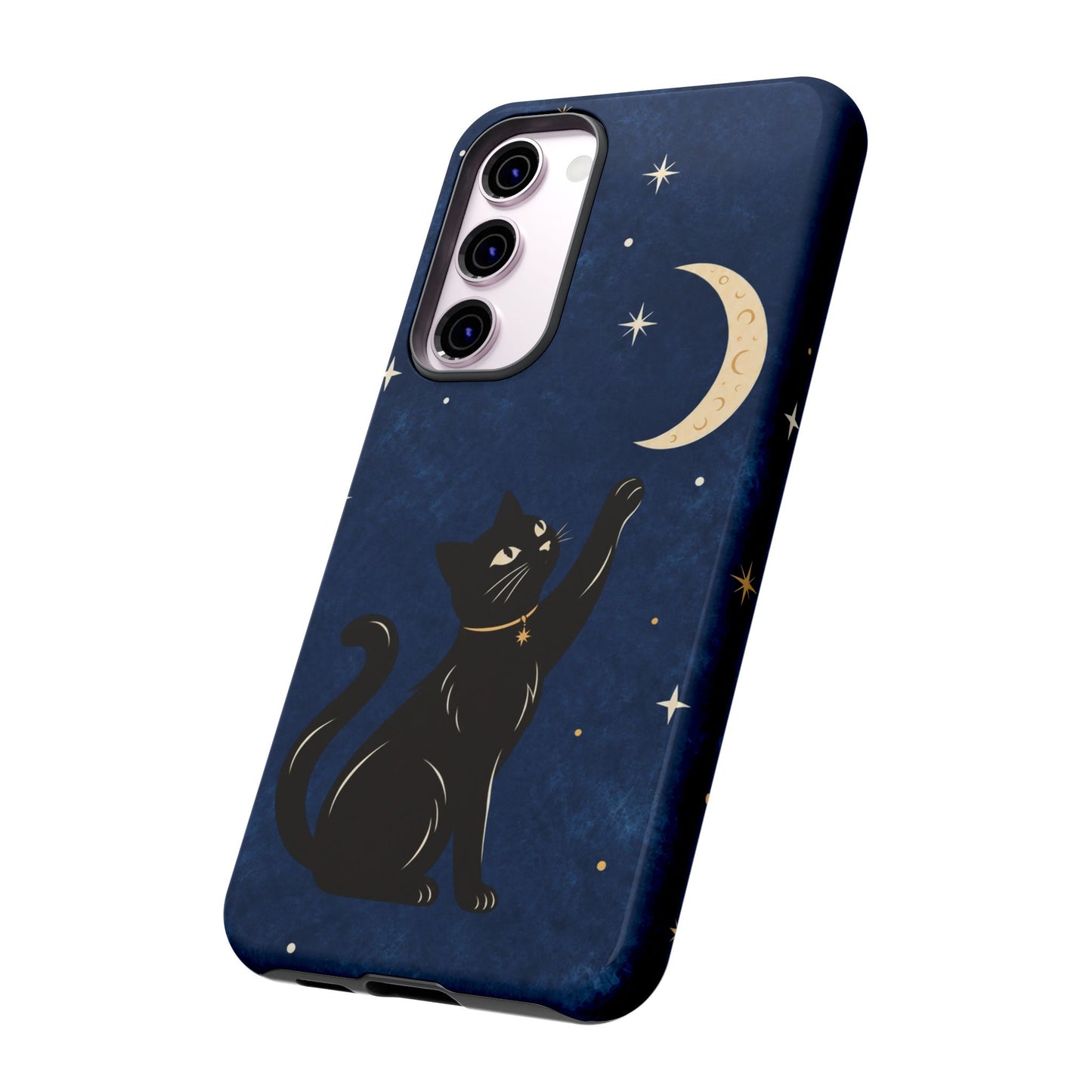 Whimsical Navy Blue Celestial Black Cat Phone Case