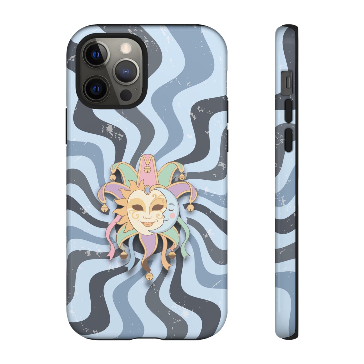 iPhone 12 Pro / Glossy Phone Case - Sun & Moon Jester Mask – Blue Retro Wave Phone Case