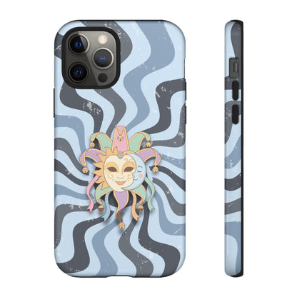 iPhone 12 Pro / Glossy Phone Case - Sun & Moon Jester Mask – Blue Retro Wave Phone Case