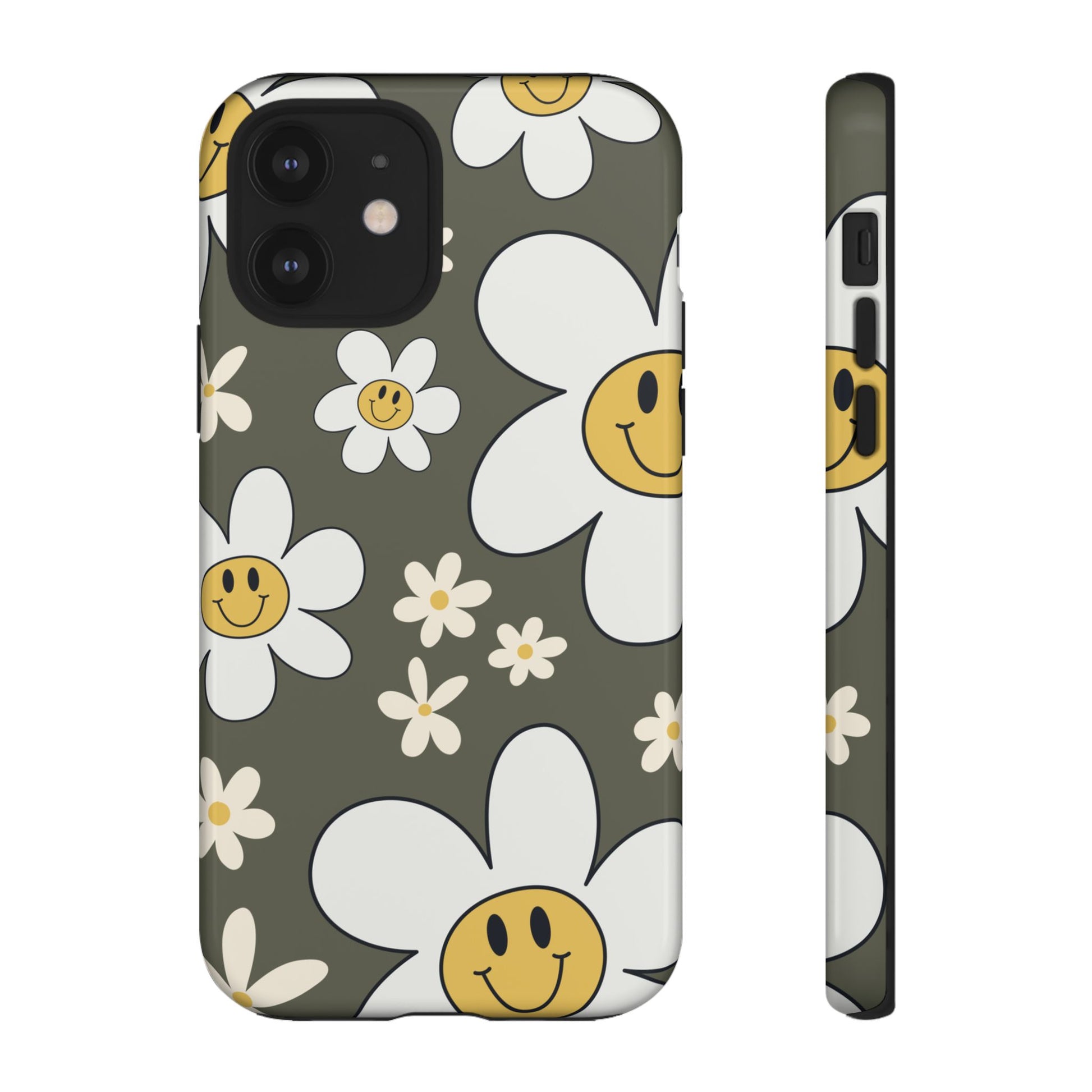 Fun Retro Daisy Pattern with Olive Green Background Phone Case - Green Phone Case - iPhone 12 / Glossy