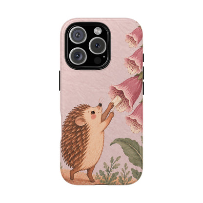 Whimsical Blush Pink Hedgehog and Foxglove Phone Case - Pink Phone Case - iPhone 16 Pro / Glossy