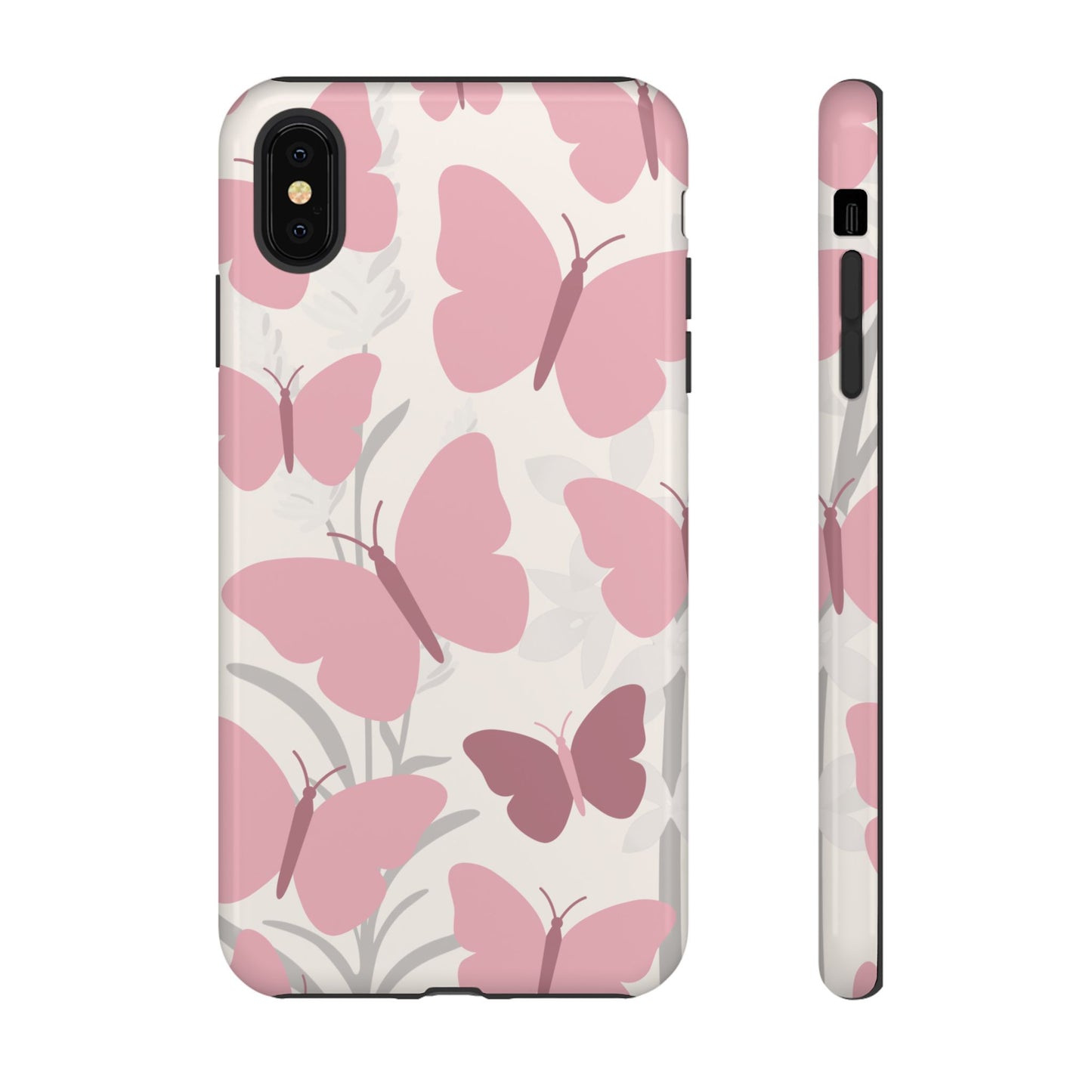 iPhone XS MAX / Glossy Phone Case - Minimalist Cream & Pink Butterfly Pattern Phone Case