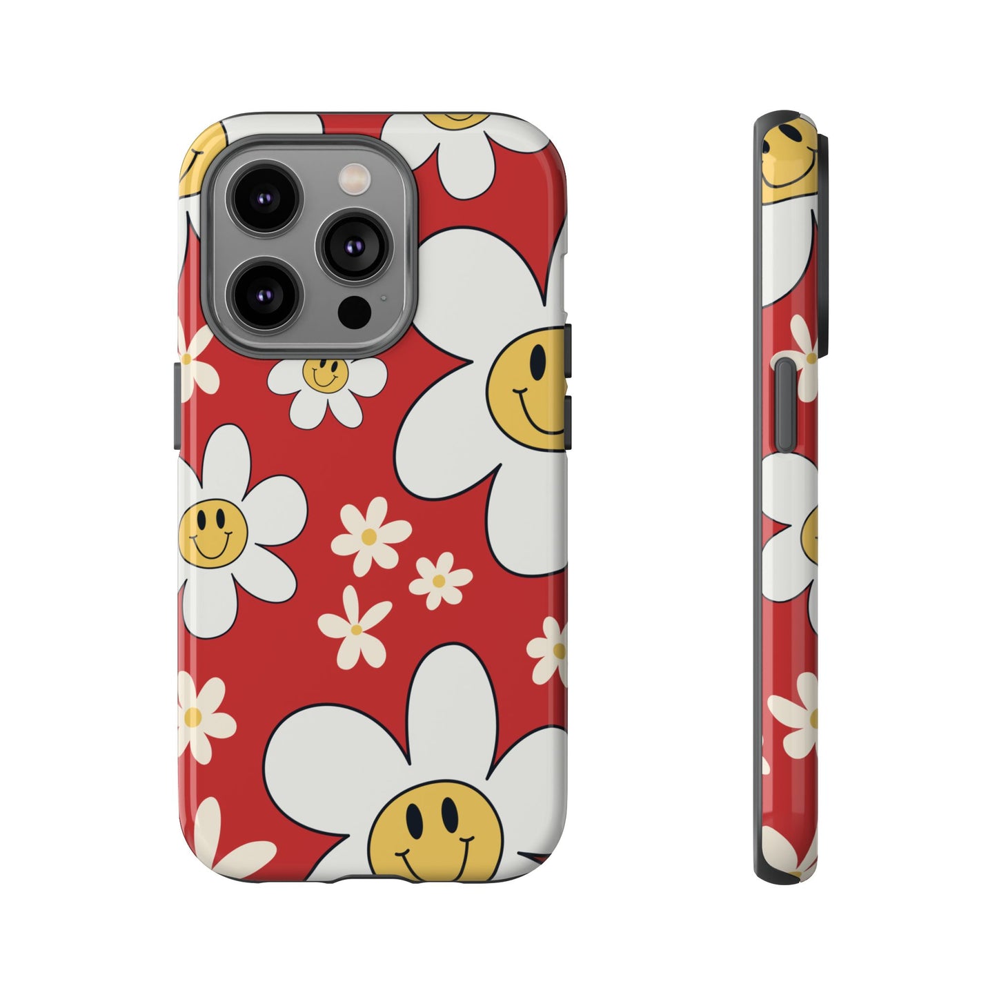 iPhone 14 Pro / Glossy Phone Case - Fun Retro Daisy Pattern with Red Background Phone Case