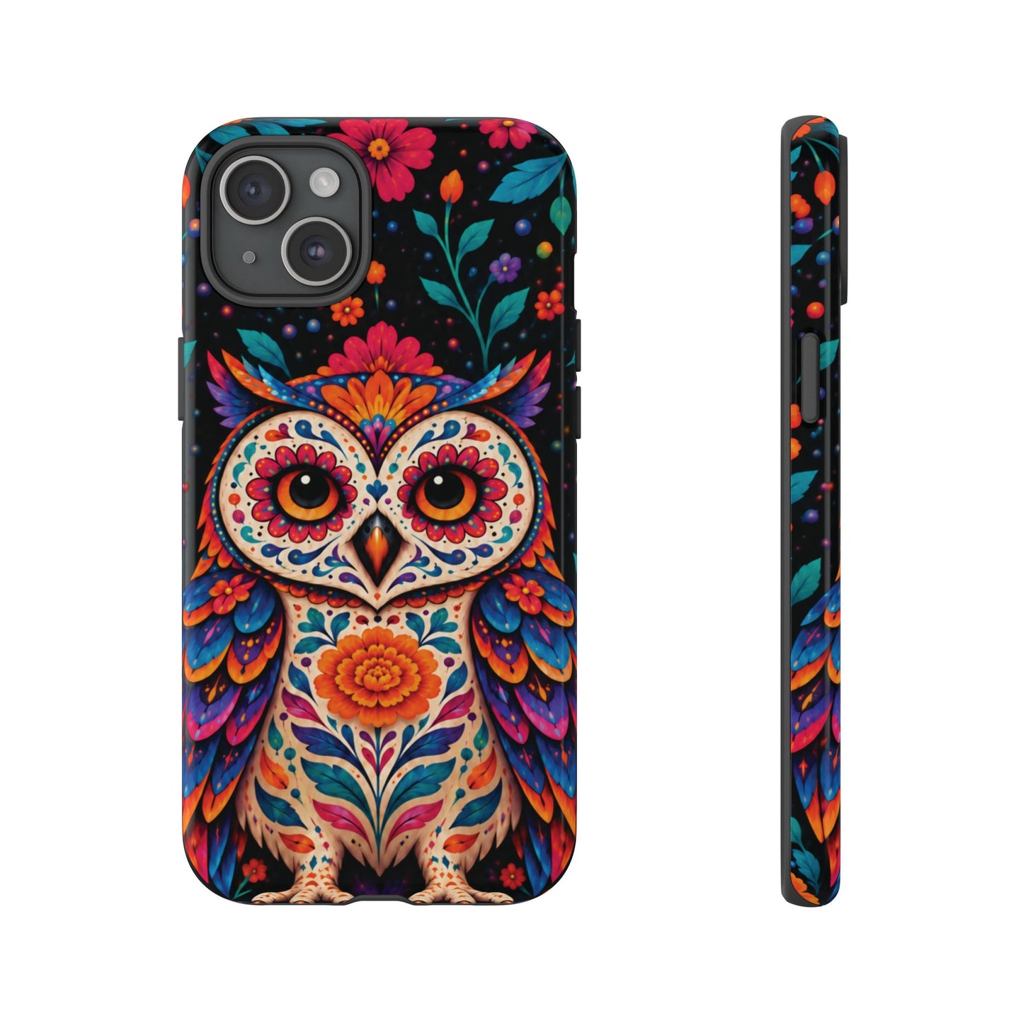 Vibrant Orange and Turquoise Calavera Owl Phone Case - Multicolor Phone Case - iPhone 15 Plus / Glossy