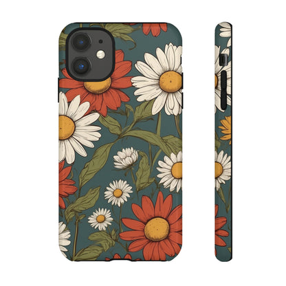 iPhone 11 / Glossy Phone Case - Boho Chic Daisies Floral Pattern ’White & Red’ Phone Case