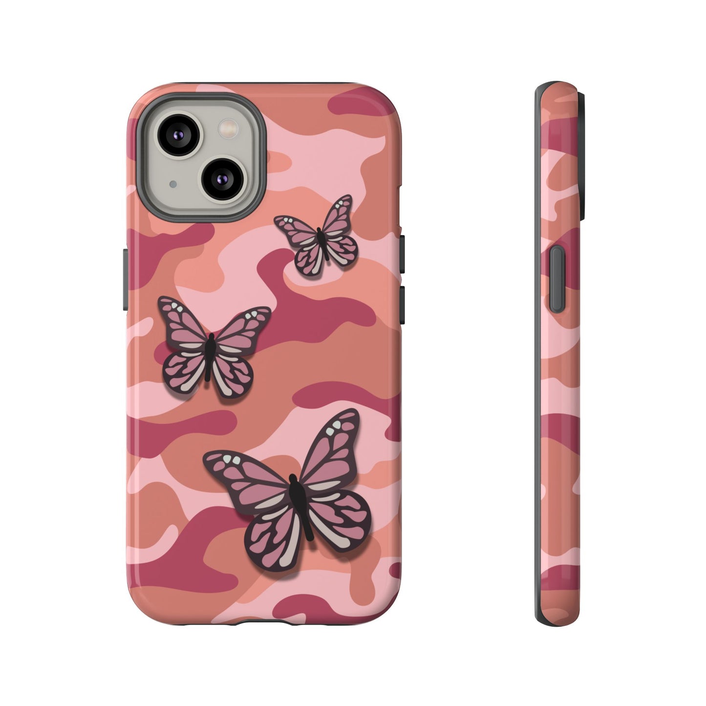iPhone 14 / Glossy Phone Case - Pink Butterfly Camo Phone Case