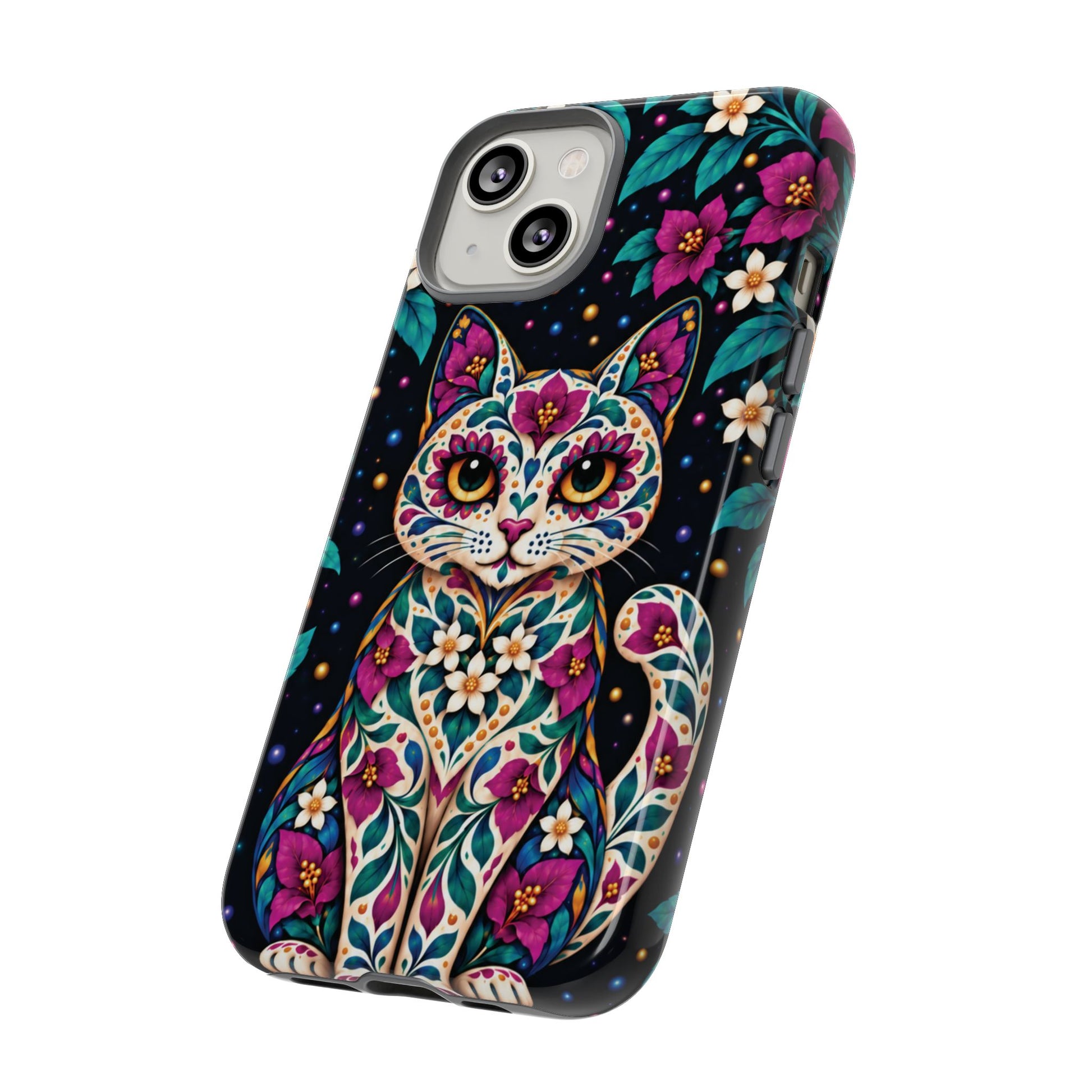 Vibrant Purple and Teal Calavera Cat Phone Case - Multicolor Phone Case
