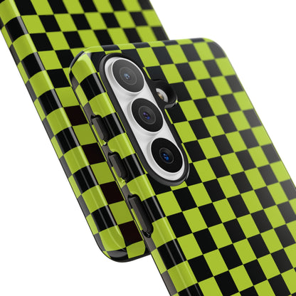 Trendy Neon Lime Green & Black Small Checked Pattern Phone Case - Green Phone Case