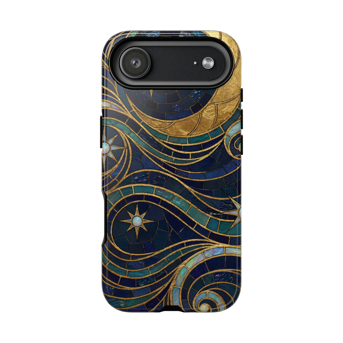 Elegant Navy & Gold Crescent Moon Mosaic Phone Case