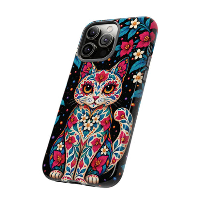 Vibrant Pink and Turquoise Calavera Cat Phone Case - Multicolor Phone Case