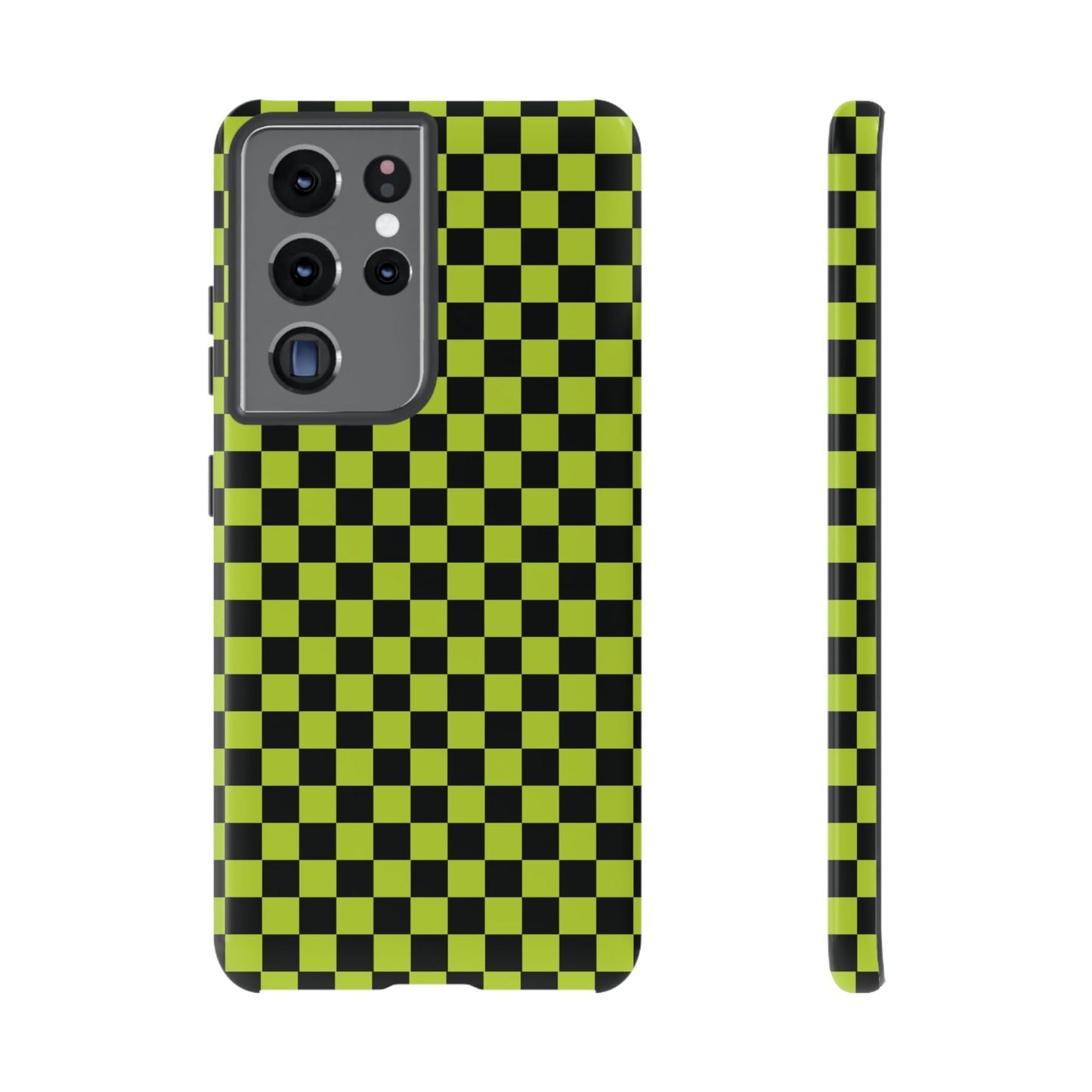Samsung Galaxy S21 Ultra / Glossy Phone Case - Trendy Neon Lime Green & Plum Small Checked Pattern Phone Case