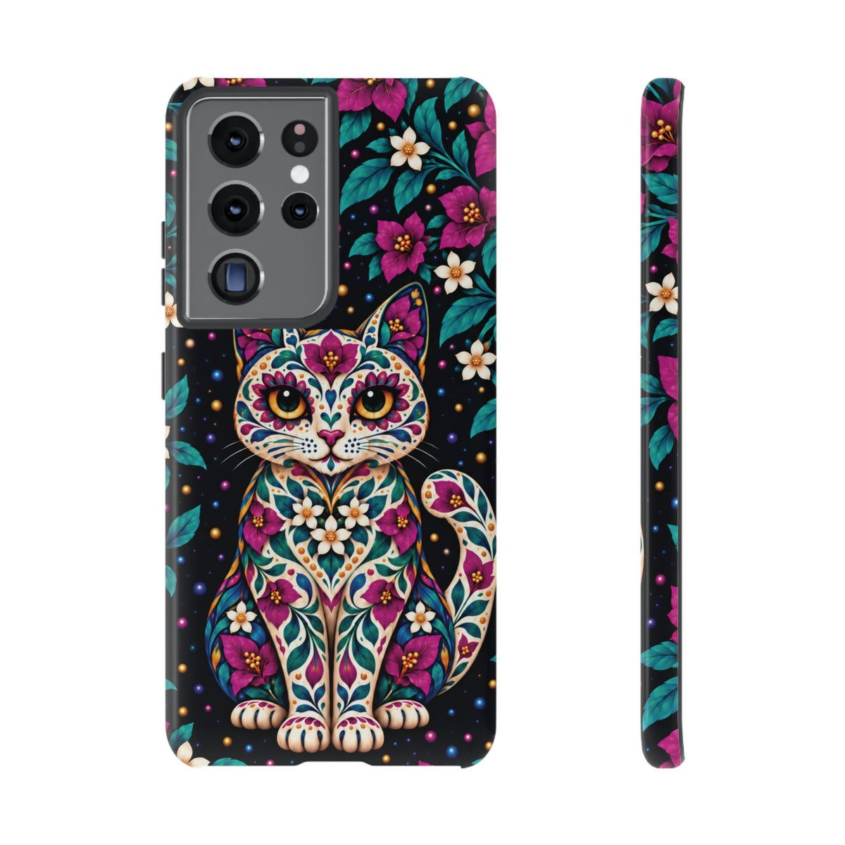 Vibrant Purple and Teal Calavera Cat Phone Case - Multicolor Phone Case - Samsung Galaxy S21 Ultra / Glossy