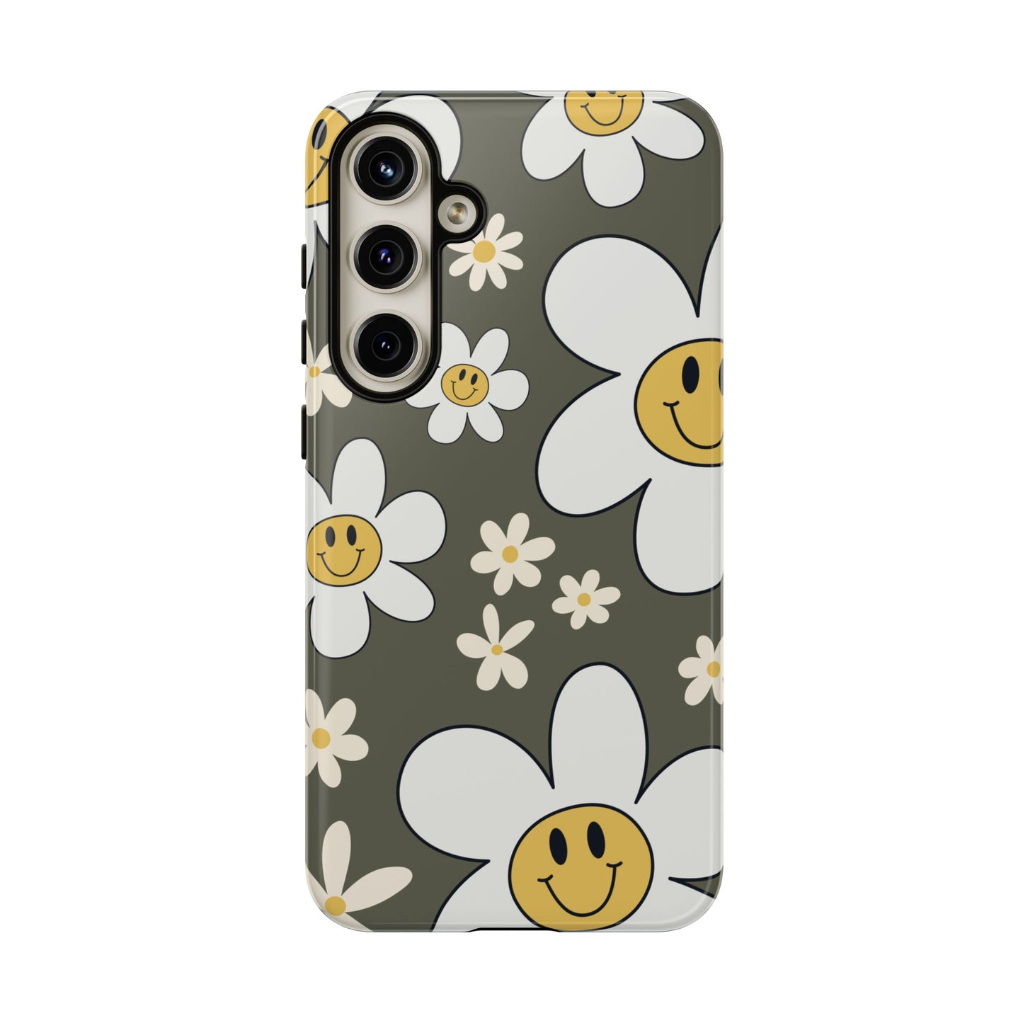 Samsung Galaxy S24 Plus / Glossy Phone Case - Fun Retro Daisy Pattern with Olive Green Background Phone Case