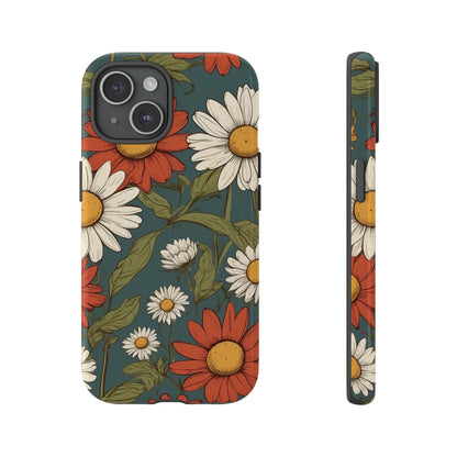 iPhone 15 / Glossy Phone Case - Boho Chic Daisies Floral Pattern ’White & Red’ Phone Case