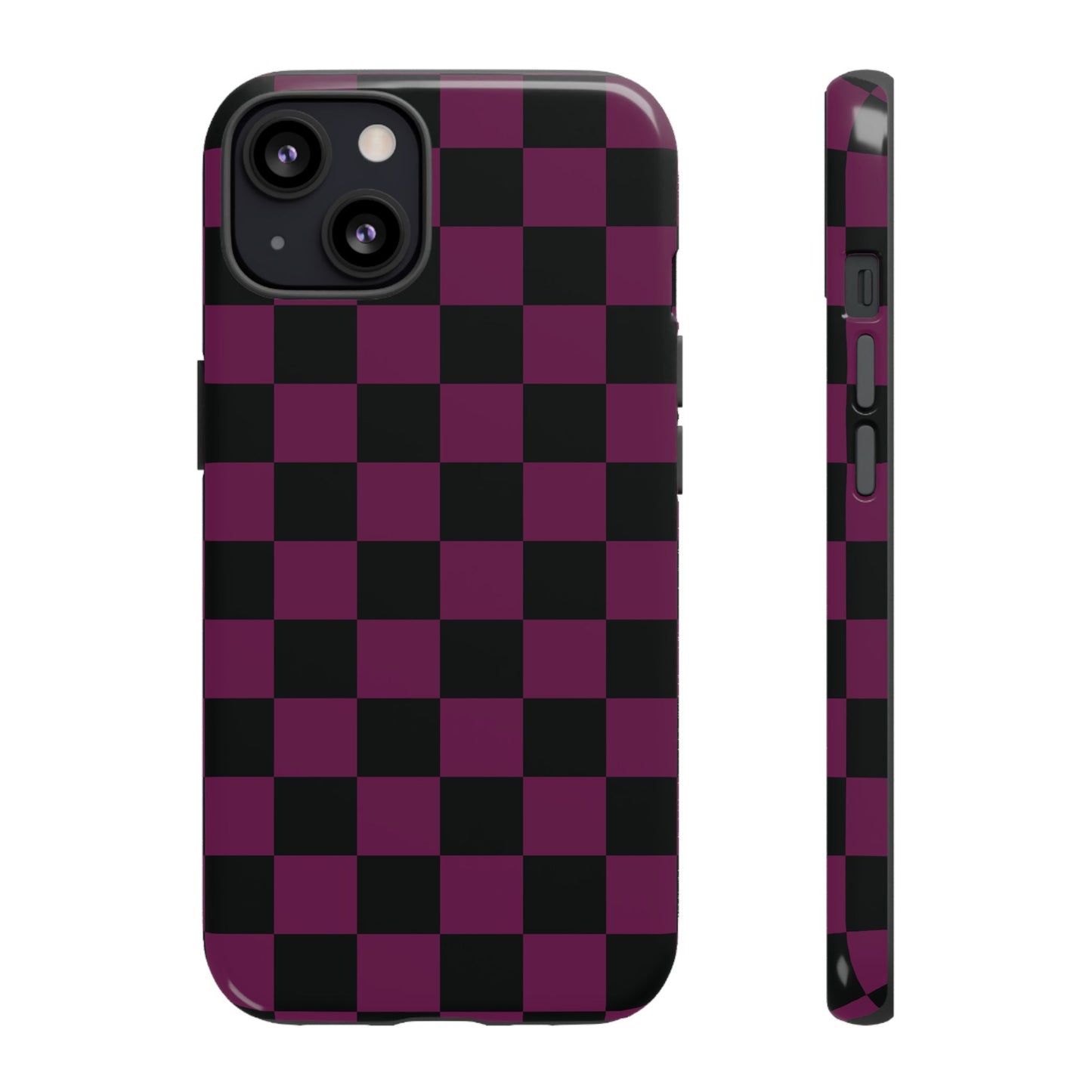 iPhone 13 / Glossy Phone Case - Trendy Plum & Black Checked Pattern Phone Case