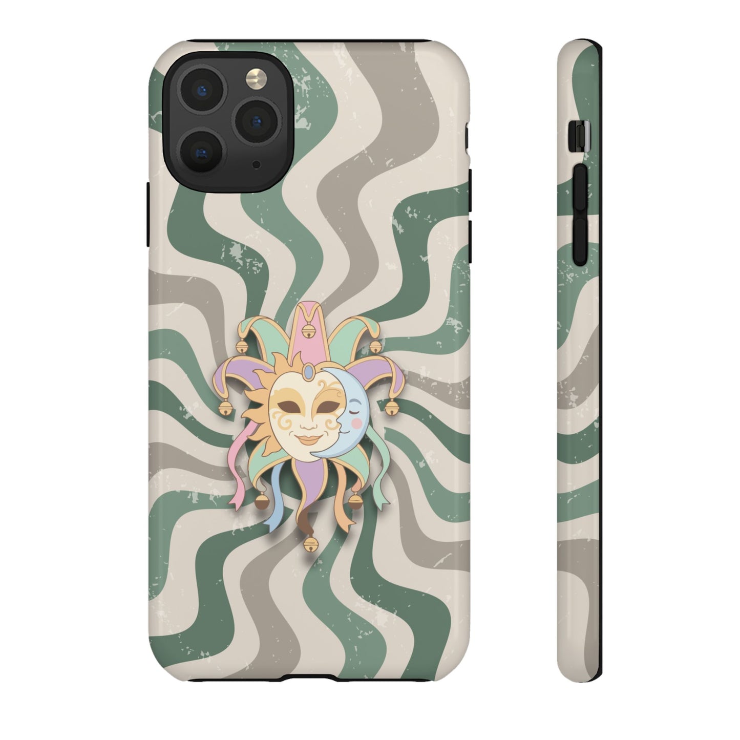 iPhone 11 Pro Max / Glossy Phone Case - Sun & Moon Jester Mask – Green Retro Wave Phone Case